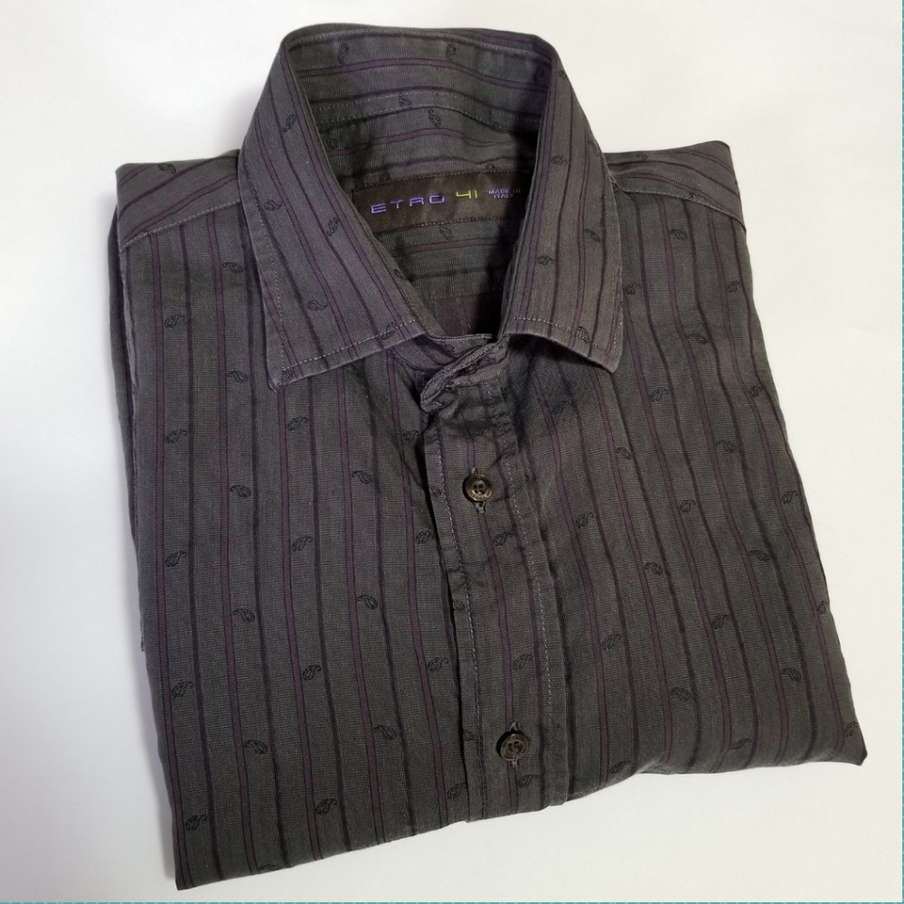 Etro Gray Striped Micro Paisley Dress Shirt🇮🇹 - made in Italy - 100% cotton